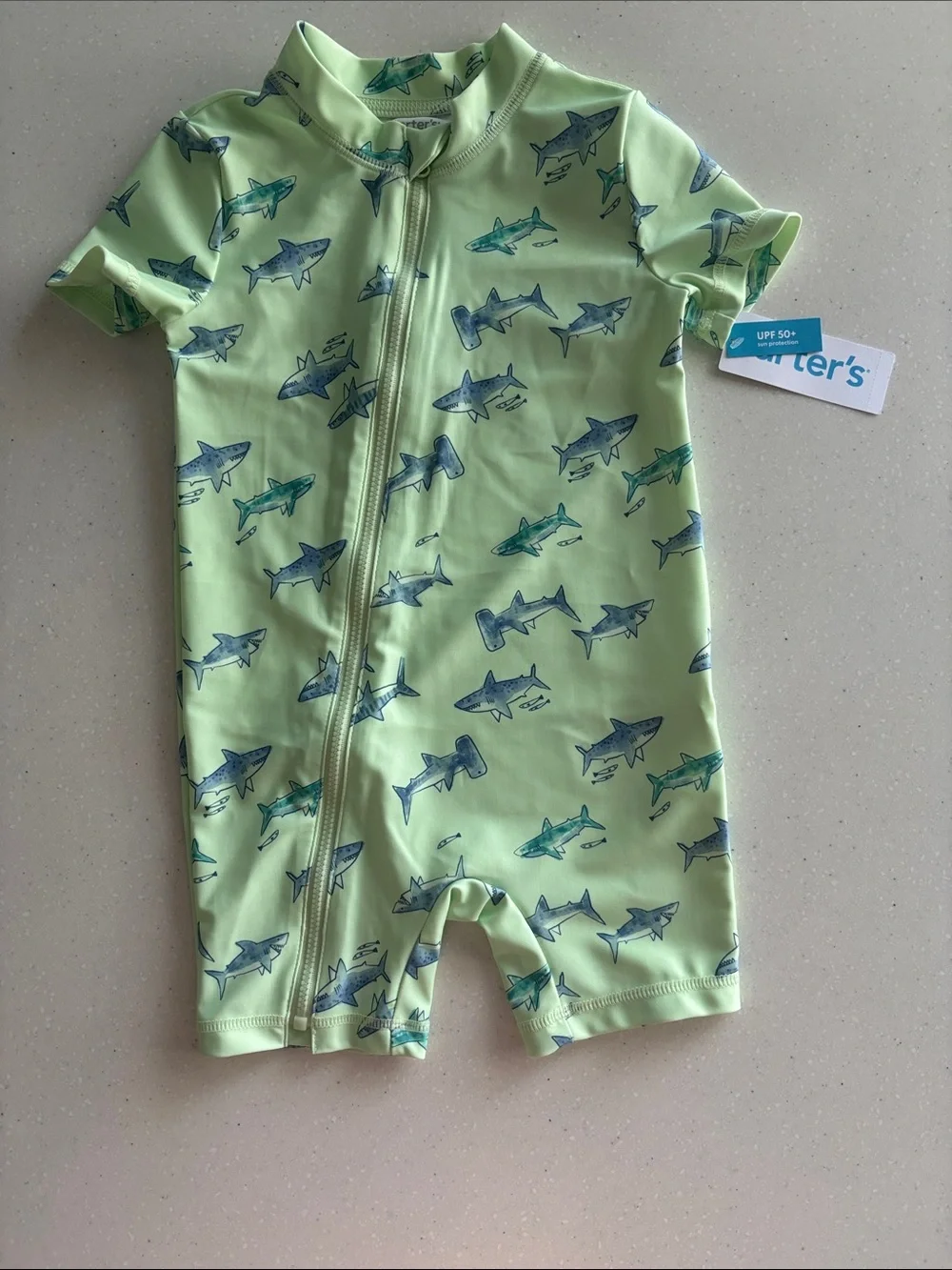 Carter's Light Green Short-Sleeve Shark Print UPF 50+ Rashguard One-Piece